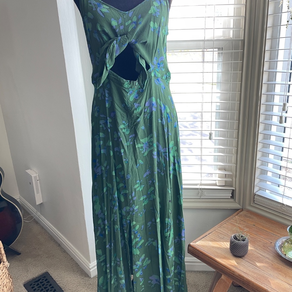 Tracy Reese Green Floral Maxi Dress Front Twist Cutout Size L